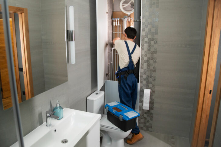 Plumber working on bathroom plumbing installation