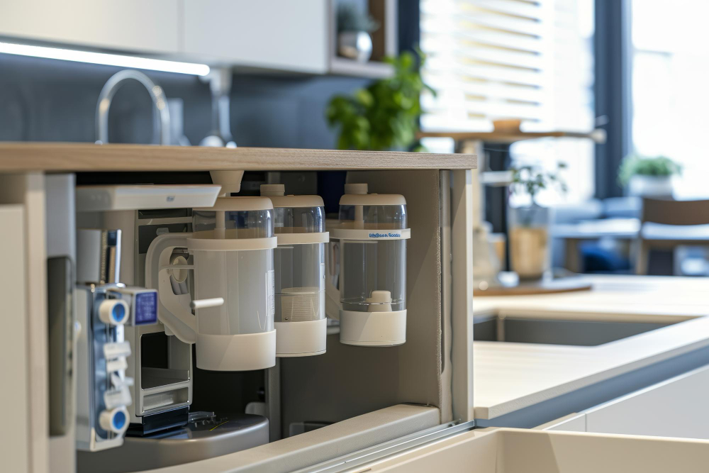 Under-sink water filtration system with clear canisters for filtration