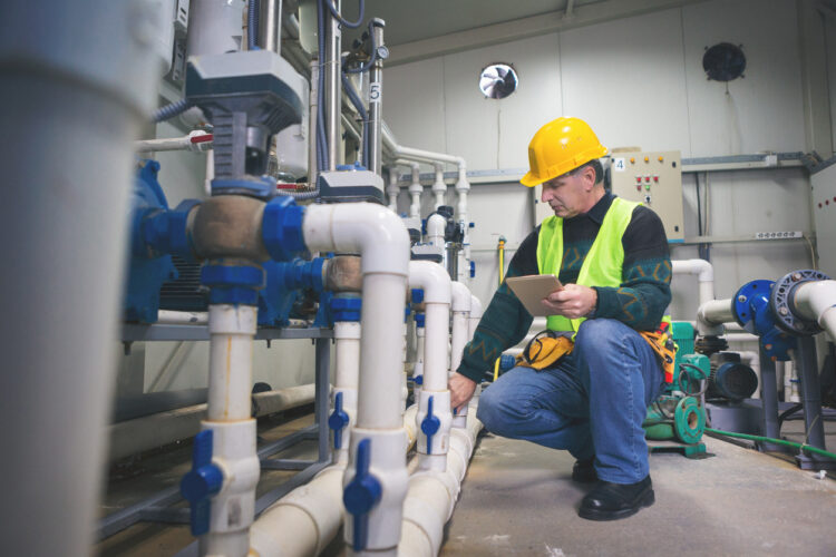 Commercial plumber inspecting industrial piping system in a facility