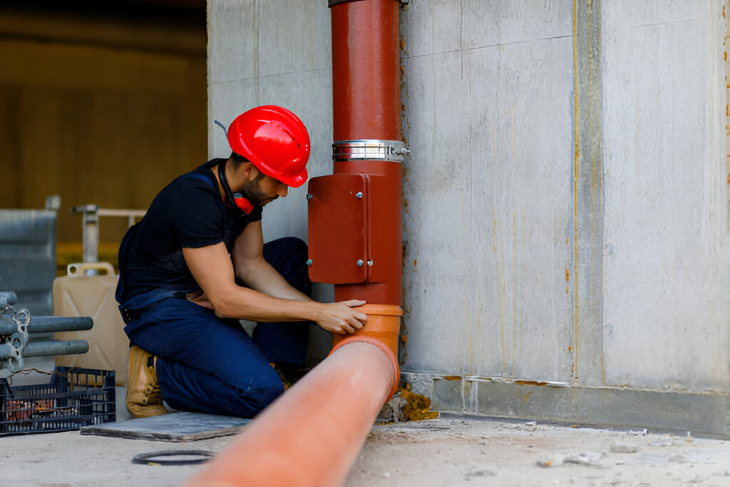 Plumber conducting maintenance on outdoor pipe system