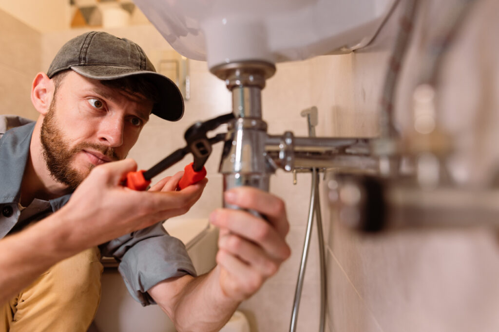 Plumber repairing sink pipes with tools for angle stop replacement