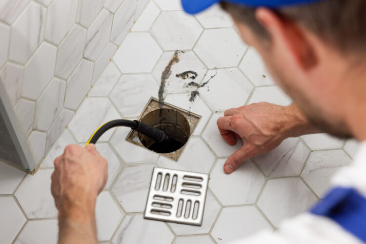 Technician performing indoor floor drain cleaning with snake tool
