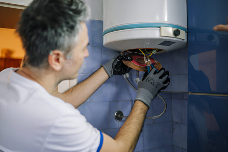 Expert installing a new water heater system in a home