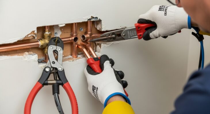 Plumber repairing copper piping with specialized tools in a home