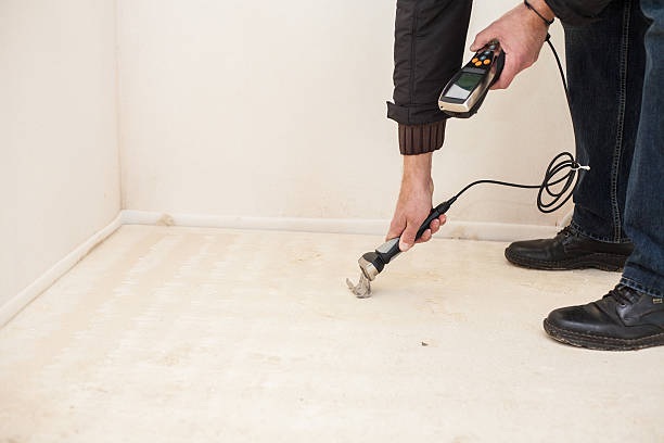 Technician using moisture meter to check for slab leak damage
